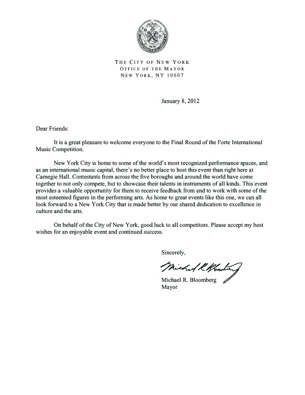 Mayor Bloomberg Congratulatory Letter